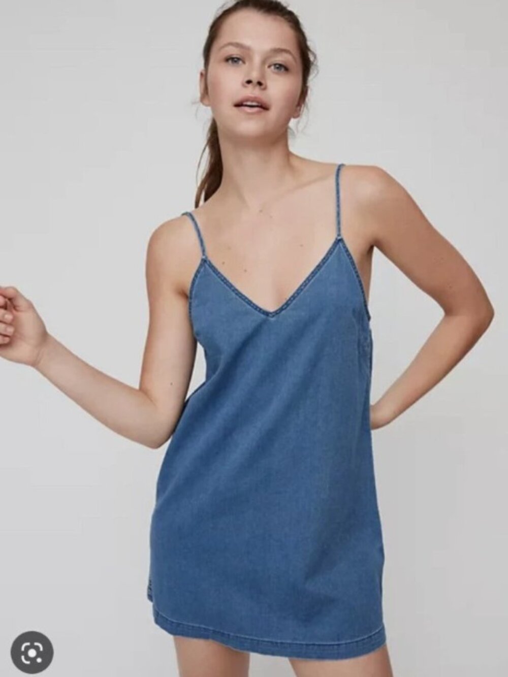 Wilfred Free Blue Denim V-Neck Slip Mini Dress – Size Large